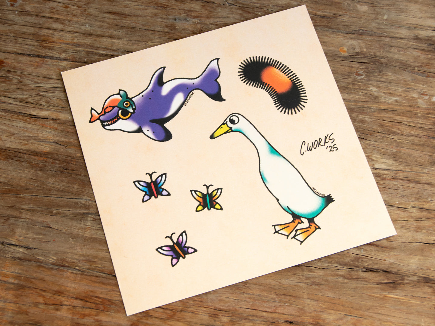 Orca Runner Duck Wooly Worm & Butterflies Tattoo Flash Sheet
