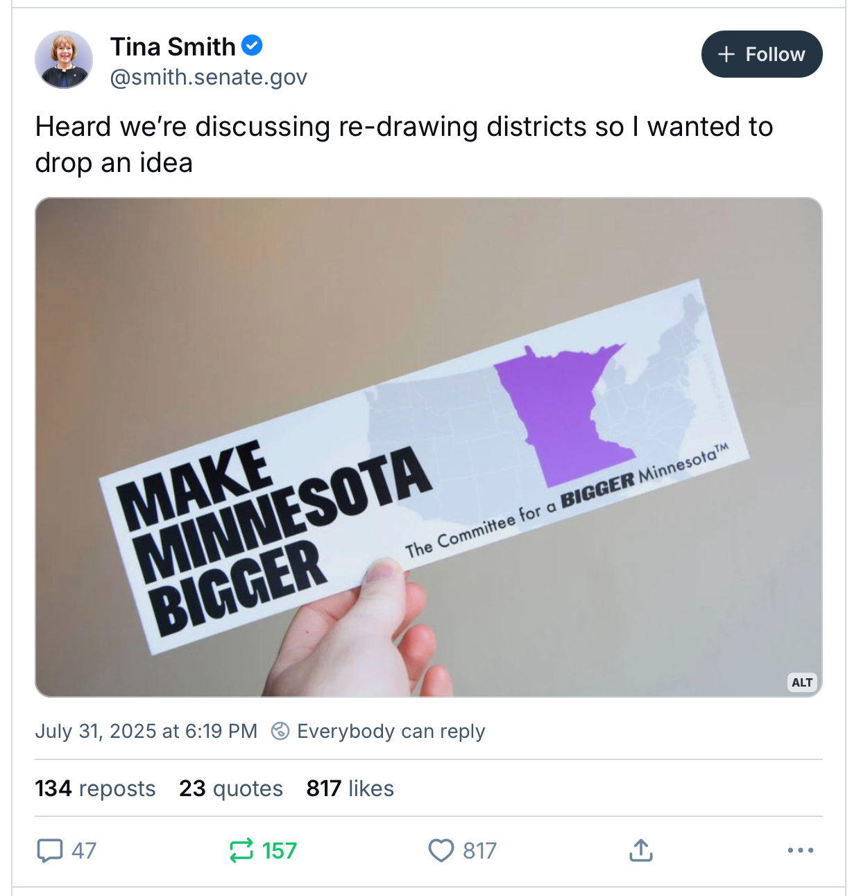 Make Minnesota Bigger Bumper Sticker