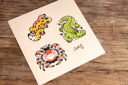 Crab Alligator Gecko Tattoo Flash Sheet
