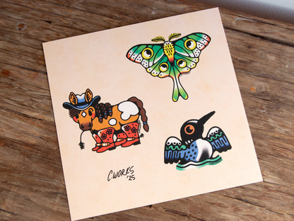 Horse Moth & Loon Tattoo Flash Sheet