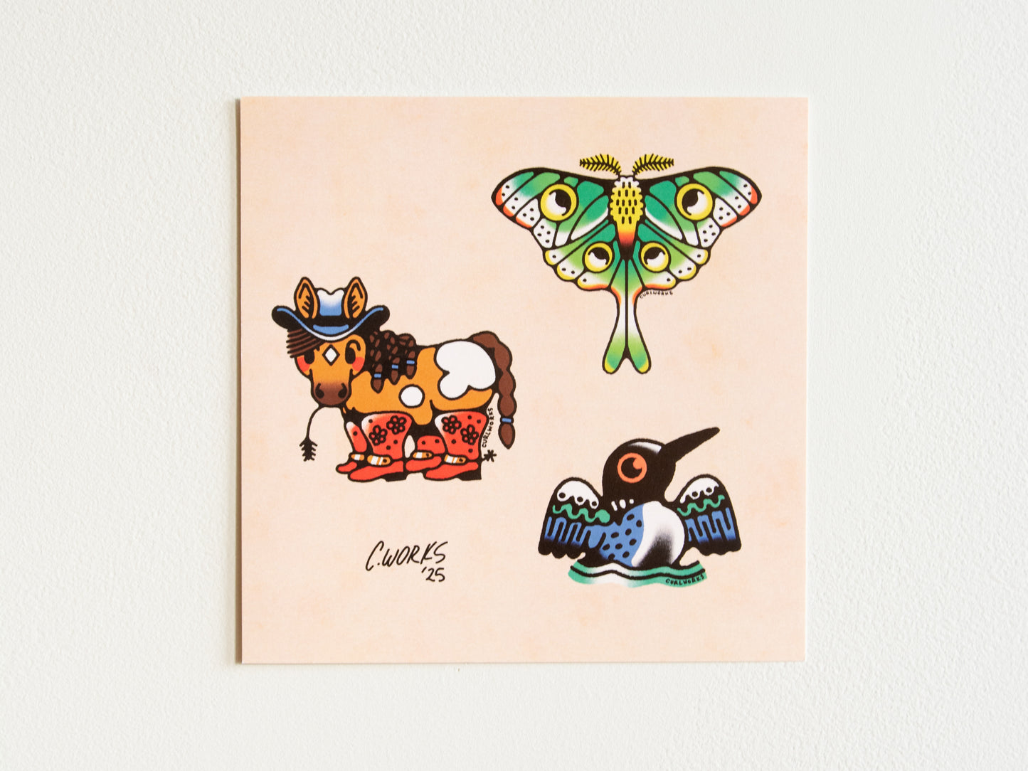 Horse Moth & Loon Tattoo Flash Sheet