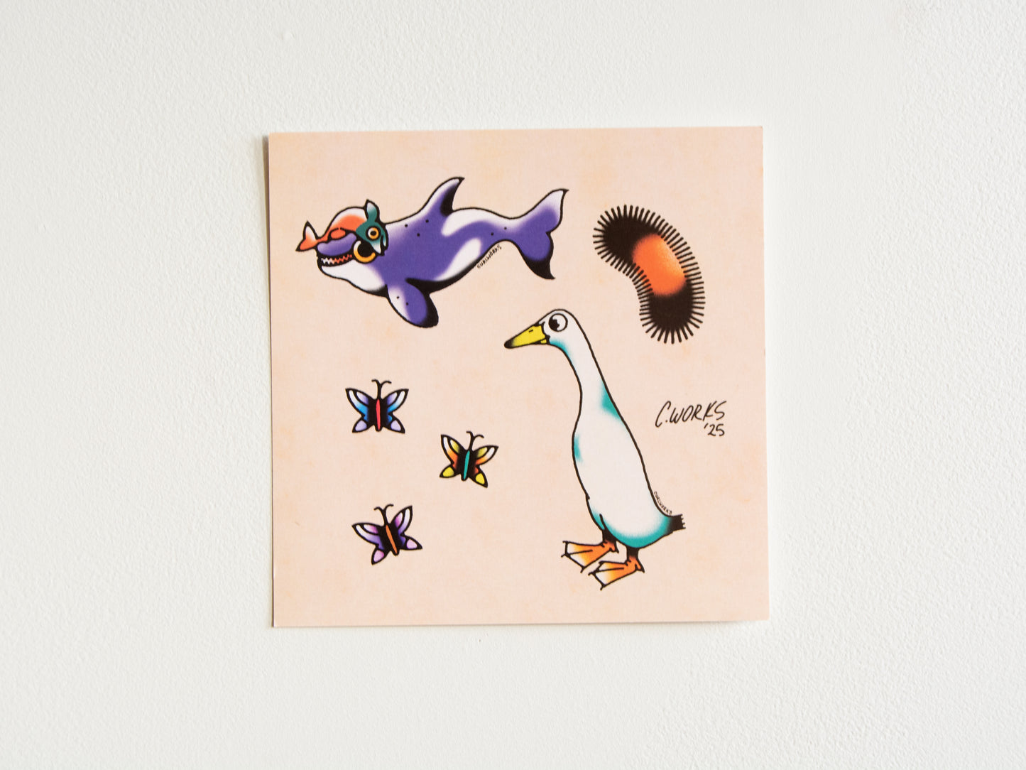 Orca Runner Duck Wooly Worm & Butterflies Tattoo Flash Sheet