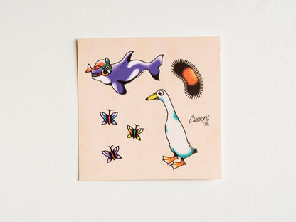 Orca Runner Duck Wooly Worm & Butterflies Tattoo Flash Sheet