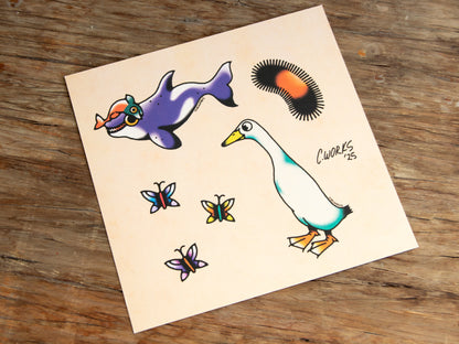 Orca Runner Duck Wooly Worm & Butterflies Tattoo Flash Sheet